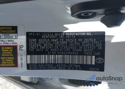 2014 Toyota Camry Le из США, поврежденный, VIN 4T1BF1FKXEU464933